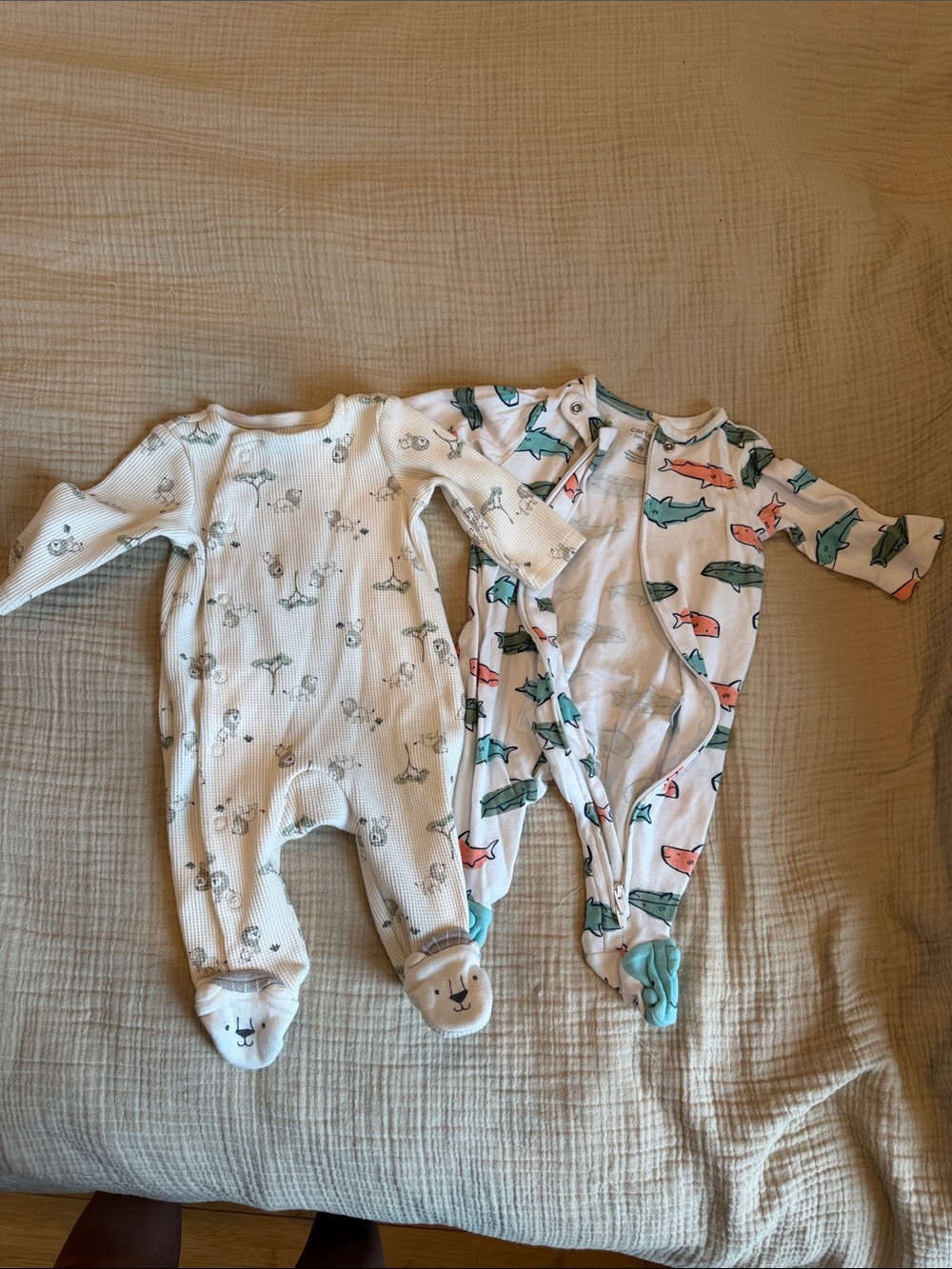 Carter’s White and Teal Baby One-Piece Pajamas Set with Lion and Shark Prints